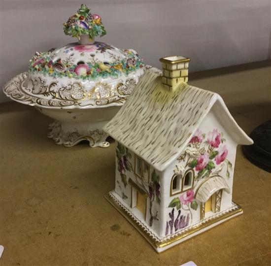 English porcelain cottage pastille burner and a pot pourri bowl and cover c.1825